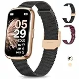 RUXINGX Montre Connectée Femme, 1.47' Bracelet Connectée, 24 Sports, 24H Fréquence Cardiaque, SpO2 Sommeil Fonction Féminine IP68 Étanche Smartwatch Podometre Trackers d'Activité Android iOS Or Noir