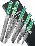SANMUZUO Ensemble de couteaux de chef - Set de couteaux de cuisine de 5 pièces - Acier de Damas VG10 ultra-tranchant et manche en résine - Série Xuan(Vert Jade)