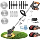 Débroussailleuse à batterie Weed Wacker 24 V, fil électrique sans fil avec 2 batteries, 1 chargeur, 3 types de lames, alimentation par batterie, batterie légère
