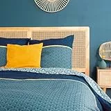 CÔTE DECO Parure de lit Adulte 100% Coton - Housse de Couette 220x240 cm + 2 Taies d'oreiller 63x63 cm imprimé géométrique réversible Bleu, Finitions dorées