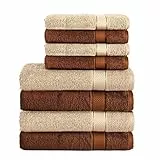 Komfortec Lot de 8 Serviettes 100% Coton 470 g/m², 4 Serviette de Bain 70x140 cm et 4 Essuie-Mains 50x100 cm, éponge Douce, Grande Taille, Marron/Beige