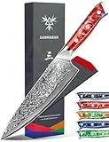 SANMUZUO Couteau de Chef en Damas - Lame de 20cm - Japonais en Acier de Damas 67 Couches Couteau de Cuisine - Manche en Résine (Rouge Coucher de Soleil) - Xuan Série