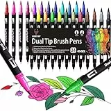 Feutres Coloriage 24 Couleurs Adultes et Enfants Stylo Aquarelle Brush Pen Marqueur pour Feutre Coloriage, Bullet Journal, Dessin, Peinture, Mandala, Pointe Pinceau 1-2 mm et Pointe Fine 0.4 mm