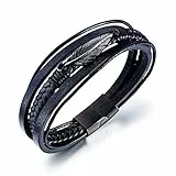 ATEIELLI Bracelet Cuir PU Noir Plume Acier Inoxydable 21cm B311 (Noir)