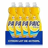 PAIC Liquide Vaisselle Super Dégraissant Citron, Nettoie Dégraisse, Elimine les Mauvaises Odeurs, Lot de 4X750ml