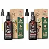 Bionoble Huile d'Argan Bio 100ml - 100% Huile d Argan Pure et Pressée à Froid - Pure Organic Argan Oil Morocco - Flacon Verre & Huile de Jojoba Bio 100ml - Bouteille en Verre + Pipette + Pompe