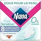 Nana PureSensitive Serviettes Hygiéniques Ultra Nuit Plus pour la Nuit - Flux Très Abondant - 0 % Allergène*, Parfum, Colorant - 8 Serviettes avec Ailettes