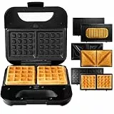 LEHMANN Multifonction Appareil Croque Monsieur 3 en 1 avec Plaques Interchangeables - Gaufrier, Panini Grill, Appareil a Croque Monsieur, Revêtement Antiadhésif, Préparation Rapide