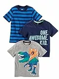 Simple Joys by Carter's 3-Pack Short-Sleeve Tee Shirts, Bleu Marine Imprimé Texte/Bleu Rayures/Gris Dinosaure, 3 Ans (Lot de 3) Bébé garçon