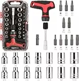 Amazon Basics Coffret tournevis 27 pièces, clé à cliquet avec manche magnétique en T, Noir/Argenté/Rouge