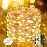 btfarm Guirlande Lumineuse avec Télécommande, 10M 100 LED Guirlande Intérieur avec Minuterie IP65 Étanche, 8 Modes Cuivre Fil Fairy Lights pour Exterieure Noel Mariage Fête Christmas, Blanc Chaud