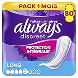 Always Discreet, 80 Serviettes Hygiéniques Incontinence Femme, Long 5 Gouttes, Protection Absorbante pour Fuites Urinaires Importantes, Pack 1 Mois