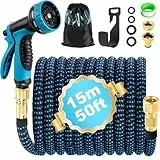 Tuyau Arrosage Extensible 15m, Tuyau d'arrosage Retractable avec Adaptateur 1/2' et 3/4', 10 Fonctions Pistolet, Support, Tuyaux d'arrosage pour Jardin Irrigation Nettoyage Jardinage Laver la Voiture