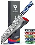 SANMUZUO Couteau Kiritsuke de 22cm - Couteau de Chef en Damas - Japonais en Acier de Damas 67 Couches Couteau de Cuisine - Manche en Résine (Bleu Saphir) - Xuan Série