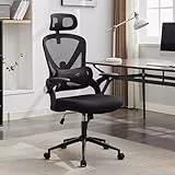 Chaise de bureau ergonomique avec appui-tête réglable/soutien lombaire, dossier haut, accoudoirs rabattables, chaise en maille avec fonction à bascule