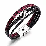 ATEIELLI Infini Bracelet Cuir PU Brun Trois Rangées Acier Inoxydable Fermoir 21cm B309 (Rouge)
