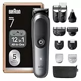 Braun Tondeuse Tout-En-Un Series 7, Kit 12-En-1, Lame ProBlade, Technologie AutoSense, 120 Min D'autonomie, Protection SkinGuard, Barbe En Dégradé, Manche AquaGrip Pratique Sous L'eau, AIO7545, Gris