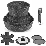 YASHE Batterie de Cuisine 9 Pièces, Set de Casseroles et Poêles Antiadhésives, Compatible Tous Feux dont Induction, Poignées Amovibles, Passe au Four, Design Empilable et Gain de Place, Grise