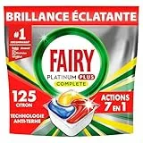 Fairy Platinum Plus Tablettes Lave-Vaisselle Tout En 1 Citron, Pack Familial 125 Capsules (5x25), Technologie Anti-terne, Redonne l'Éclat d'Origine, Efficace en Cycles Courts, Prévient Le Calcaire