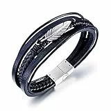 ATEIELLI B311 Bracelet pour homme en cuir synthétique avec plume et fermoir magnétique en acier inoxydable Noir, 21 centimeters, Cuir, 21 centimeters, Cuir