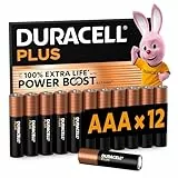 DURACELL Plus Piles AAA (Lot de 12) – Piles Alcalines 1,5 V–Durent jusqu’à 100 % plus longtemps grâce aux Actifs POWER BOOST–Fiable pour vos Appareils du Quotidien–Emballage 0 % Plastique–LR03 MN2400