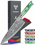 SANMUZUO Couteau de Chef en Damas - Lame de 20cm - Japonais en Acier de Damas 67 Couches Couteau de Cuisine - Manche en Résine (Vert Jade) - Xuan Série