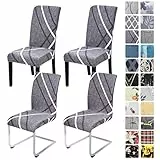 Alishomtll Lot de 4 et 6 housses de chaise extensibles grises - Housses élastiques amovibles et lavables - Pour salle à manger, cuisine, restaurant, hôtel, banquet (lignes grises et blanches, 4