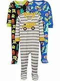 Simple Joys by Carter's Pyjama en Coton Coupe Confortable Bébé Garçon, Lot de 3, Bleu Dinosaure/Gris Rayures/Noir Monstre, 6-9 mois