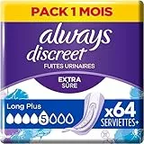 Always Discreet, 64 Serviettes Hygiéniques Incontinence Femme, Long plus 5 Gouttes, Protection Absorbante pour Fuites Urinaires Importantes, Pack 1 Mois
