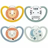 NUK Space Day & Night Tetine pour bébé | 18-36 mois | Sucettes phosphorescentes avec aérations extra-larges pour les peaux sensibles | Silicone sans BPA | Zèbre & Lion | Lot de 4