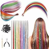 60 Pièces Kit Extension de Cheveux Colorés Mèches de Cheveux pour Enfants Synthétiques Cheveux Meche Cheveux Couleur Postiche, Pince, Crochet avec 100 Perles, Pince pour Tresses de Queue de Cheval