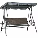 Outsunny Balancelle de Jardin 3 Places Toit Inclinaison réglable avec Porte-gobelets et Plateaux Assise Dossier Ergonomique en résine tressée PE Cadre en Acier et Polyester Gris foncé et Marron