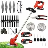 Debroussailleuse Electrique sans Fil, Débroussailleuse à Gazon Pliable avec 2 Batteries et 4 Types de Lames, Poignée réglable, Coupe Bordures pour la Coupe de Jardin, Pelouses et Terres Agricoles