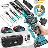 Mini Tronconneuse a Batterie 4000mAh, 6 Pouces 1000W Brushless Tronconneuse Electrique Sans Fil avec Graisseur Automatique, 3 Chaînes, 2 Batteries 2000mAh, Elagueuse Batterie Compatible avec Makita