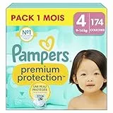Pampers Premium Protection, Taille 4, 174 Couches, 9-14kg, Double Protection pour la peau et contre les fuites Avec Poche Stop & Protect pour aider à capturer les Fuites, Pack 1 Mois
