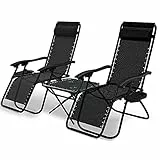 vounot® Lot de 2 Chaise Longue inclinable avec Table Pliable Support de Gobelet Chaise de Jardin Pliable en Textilène Chaise Longue avec Rembourrage de Tête Charge Max 120 kg Noir