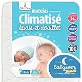 Babysom - Mousse Matelas Bébé Climatisé - 60x120 cm | Réversible : 1 Face Été Fraîche et 1 Face Hiver Ouatinée | Anti-acarien | Épaisseur 14 cm | Oeko-Tex | Fabrication française, Blanc