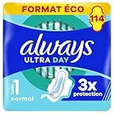 Always Ultra Serviettes Hygiéniques, Taille 1, Normal, 114 Serviettes Avec Ailettes, Flux légers Jour, Format Eco, Max Confort, Super Absorbantes et Ultra Fines