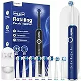 Brosse À Dent Électrique Rotatives pour Adultes - Brosses À Dents Rotatives avec 8 Têtes de Brosse et Étui de Voyage, 5 Modes, Étanche IPX7, Brosse A Dent Electrique de Voyage, Bleu