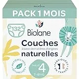 BIOLANE - Couches bébé taille 4 - (7-18 kg) - Peaux Sensibles - Ultra-Absorbant, Pas de Fuite, jusqu'à 12h au Sec - Confort & Protection - Pack 1 mois 132 couches - Fabriqué en France