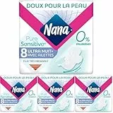 Nana PureSensitive Serviettes Hygiéniques Ultra Nuit Plus pour la Nuit - Flux Très Abondant - 0% Allergène*, Parfum, Colorant - 8 Serviettes avec Ailettes (Lot de 4)