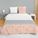 CÔTE DECO Parure de lit 220x240 cm Adulte en Microfibre géométrique- Housse de Couette 220x240 cm + 2 Taies d'oreiller 63x63 cm scandinave Rose, Gris et Blanc – Set de Housse de Couette en Microfibre