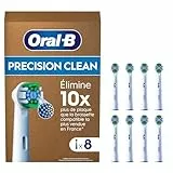 Oral-B Pro Lot De 8 Brossettes De Rechange Précision Clean, AUTHENTIQUES, Blanches, 3 Types De Filaments Et Tête Ronde Pour Un Nettoyage Précis, Embouts Pour Brosses A Dents Electriques Oral B Pro