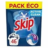 Skip - Lessive Capsules Tout en 1 Active Clean - Propreté Impeccable - Fraîcheur Longue Durée - Détache les vêtements tout en respectant fibres et couleurs - 46 Lavages