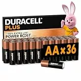 DURACELL Plus Piles AA (Lot de 36) – Piles Alcalines 1,5 V–Durent jusqu’à 150 % plus longtemps grâce aux Actifs POWER BOOST–Fiable pour vos Appareils du Quotidien–Emballage 0 % Plastique –MN1500