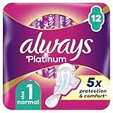 Serviettes Always Platinum Normal (taille 1) Avec Ailettes x12, Voile Supérieur Protecteur Ultra-Doux, Parfum Léger