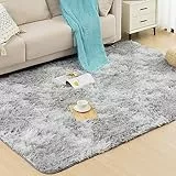 Vamcheer Tapis Salon Moderne Pelucheux - 8mm Moelleux Moquette pour Chambre,Décoration d'intérieur, Lavable,Sûr et Antidérapant,Tie-Dye/Gris Clair 120x170