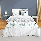 CÔTE DECO Parure de lit 220x240 cm Adulte en Microfibre bohème - Housse de Couette 220x240 cm + 2 Taies d'oreiller 63x63 cm Blanc et Bleu – Set de Housse de Couette en Microfibre