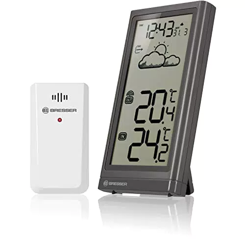 BRESSER Meteo Temp Station météo sans fil avec capteur extérieur et écran extra large facile à lire Gris
