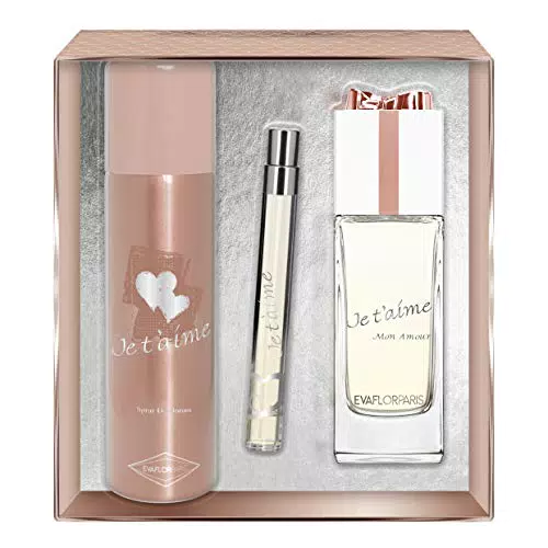EVAFLORPARIS Je T'Aime Mon Amour Coffret pour Femme Eau de Parfum 100 ml + Déodorant 150 ml + Vapo de Sac 12 ml 1 Unité